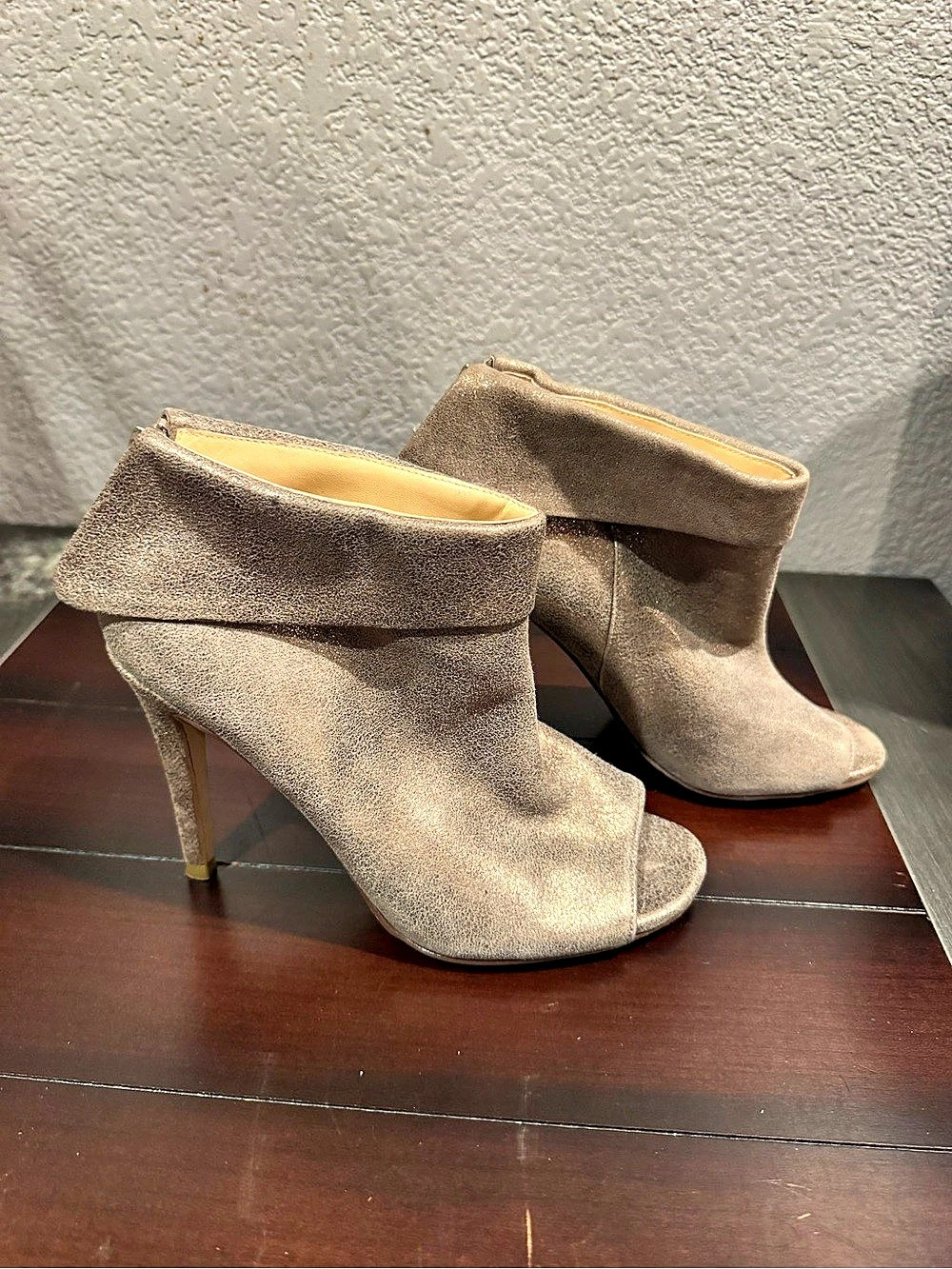 Ivanka Trump Shiny Bronze Open Toe Bootie Heels